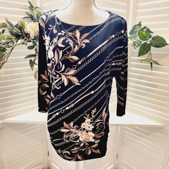 WHITE HOUSE BLACK MARKET HARMONY CHAIN FLORAL BLACK/BROWN BLOUSE SIZE SMALL - Picture 2 of 7